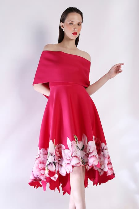 Buy_Ozeqo_Pink Neoprene Embroidery Off-shoulder Floral Print Asymmetric Dress And Cape _Online_at_Aza_Fashions