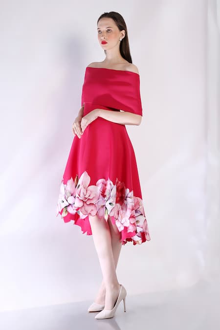 Shop_Ozeqo_Pink Neoprene Embroidery Off-shoulder Floral Print Asymmetric Dress And Cape _Online_at_Aza_Fashions