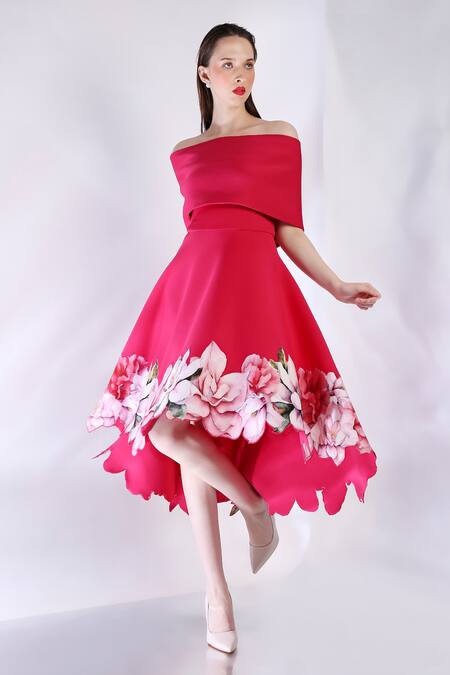 Ozeqo_Pink Neoprene Embroidery Off-shoulder Floral Print Asymmetric Dress And Cape _at_Aza_Fashions