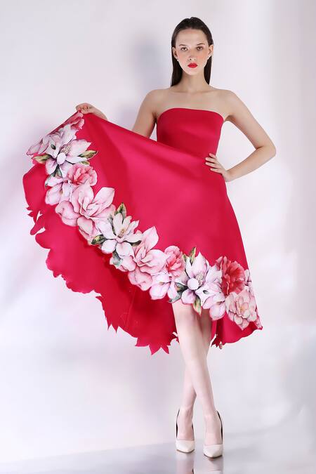 Ozeqo_Pink Neoprene Embroidery Off-shoulder Floral Applique Asymmetric Dress _Online_at_Aza_Fashions