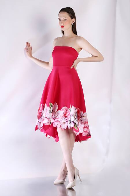 Buy_Ozeqo_Pink Neoprene Embroidery Off-shoulder Floral Applique Asymmetric Dress _Online_at_Aza_Fashions