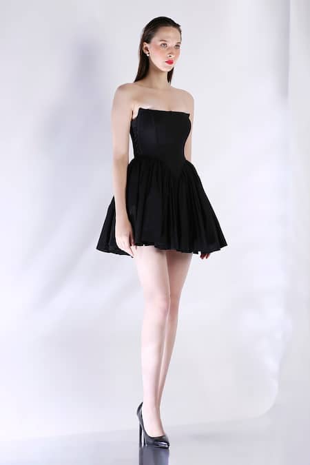 Shop_Ozeqo_Black Cotton Open Neck Corset Dress With Pleated Skirt _at_Aza_Fashions