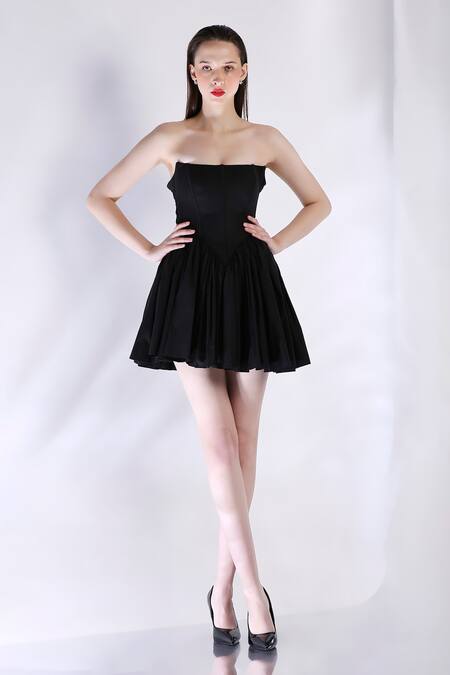 Ozeqo_Black Cotton Open Neck Corset Dress With Pleated Skirt _Online_at_Aza_Fashions