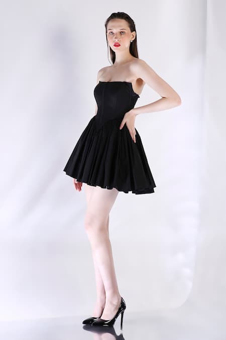 Buy_Ozeqo_Black Cotton Open Neck Corset Dress With Pleated Skirt _Online_at_Aza_Fashions