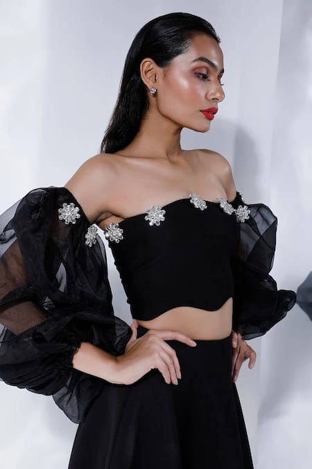 Ozeqo Floral Rhinestone Crop Top With Balloon Sleeves 