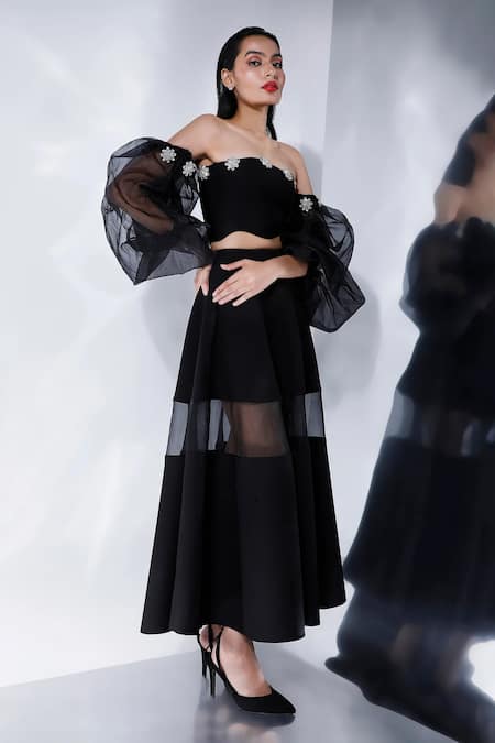 Ozeqo Black Neoprene Rhinestones Asymmetric Floral Crop Top With Balloon Sleeves Online at Aza Fashions Ozeqo_Black Neoprene Rhinestones Asymmetric Floral Crop Top With Balloon Sleeves _Online_at_Aza_Fashions