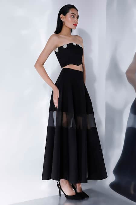 Shop_Ozeqo_Black Neoprene Rhinestones Asymmetric Floral Embellished Crop Top _at_Aza_Fashions