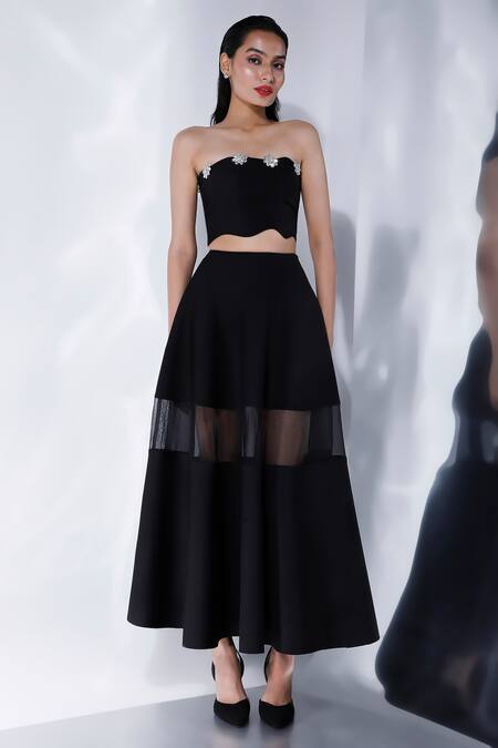 Ozeqo_Black Neoprene Rhinestones Asymmetric Floral Embellished Crop Top _Online_at_Aza_Fashions