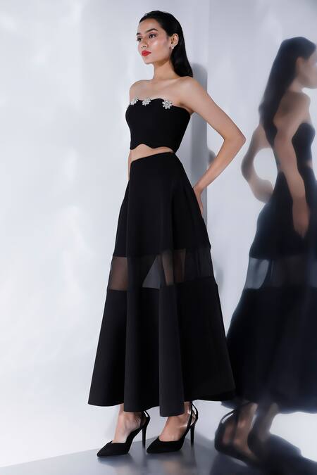 Buy_Ozeqo_Black Neoprene Rhinestones Asymmetric Floral Embellished Crop Top _Online_at_Aza_Fashions