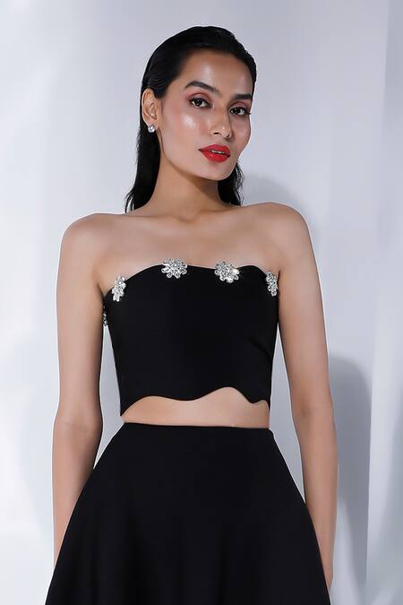 Ozeqo_Black Neoprene Rhinestones Asymmetric Floral Embellished Top And Skirt Set _Online_at_Aza_Fashions
