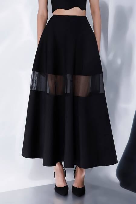 Buy_Ozeqo_Black Neoprene Rhinestones Asymmetric Floral Embellished Top And Skirt Set _Online_at_Aza_Fashions