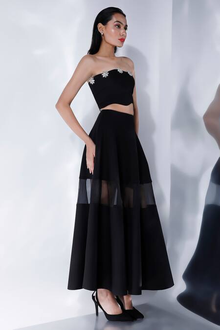 Shop_Ozeqo_Black Neoprene Rhinestones Asymmetric Floral Embellished Top And Skirt Set _Online_at_Aza_Fashions