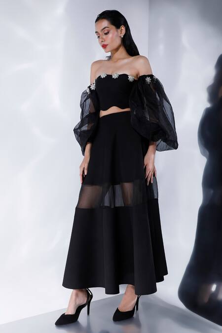 Ozeqo_Black Neoprene Rhinestones Asymmetric Floral Embellished Top And Skirt Set _Online_at_Aza_Fashions
