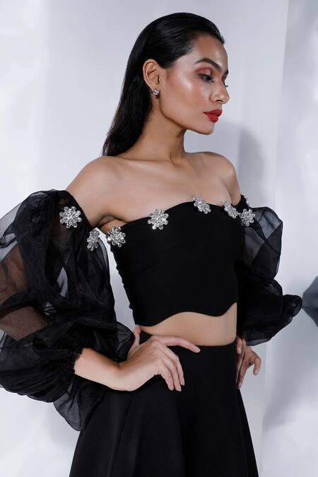 Shop_Ozeqo_Black Neoprene Rhinestones Asymmetric Floral Embellished Top And Skirt Set _Online_at_Aza_Fashions