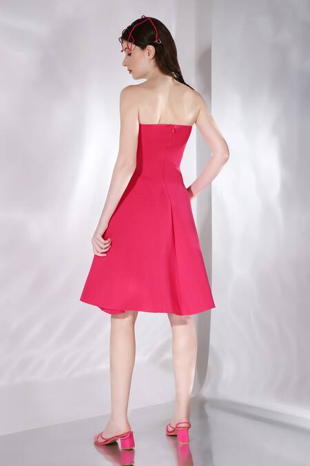 Shop_Ozeqo_Pink Neoprene Off-shoulder Fit And Flared Strapless Dress _at_Aza_Fashions