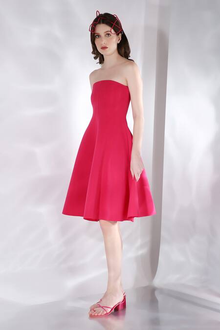 Ozeqo_Pink Neoprene Off-shoulder Fit And Flared Strapless Dress _Online_at_Aza_Fashions