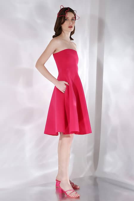 Buy_Ozeqo_Pink Neoprene Off-shoulder Fit And Flared Strapless Dress _Online_at_Aza_Fashions