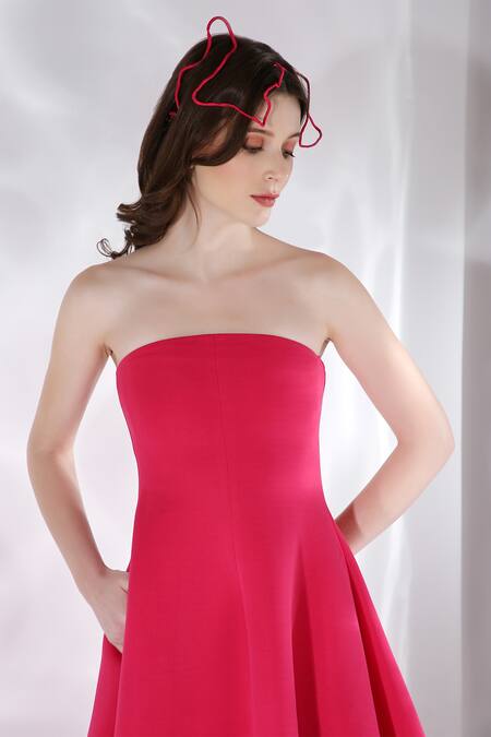 Shop_Ozeqo_Pink Neoprene Off-shoulder Fit And Flared Strapless Dress _Online_at_Aza_Fashions