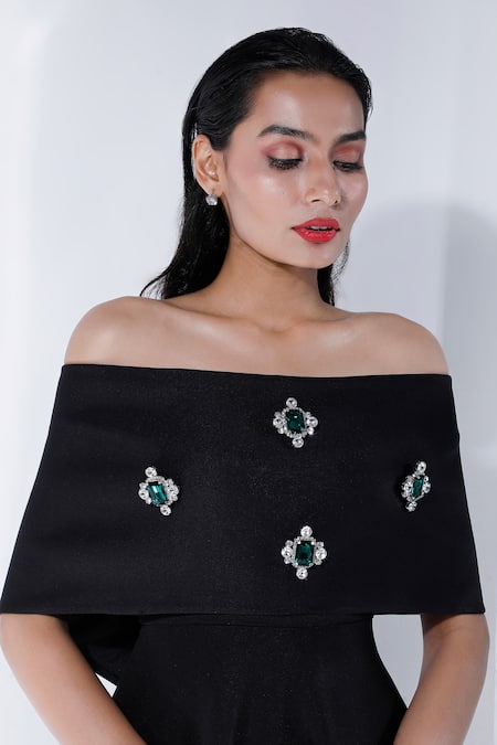 Buy_Ozeqo_Black Neoprene Crystals, Stones Fit And Flared Dress With Embellished Cape _Online_at_Aza_Fashions
