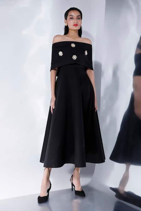 Ozeqo_Black Neoprene Pearls Off-shoulder Fit And Flared Dress With Floral Cape _Online_at_Aza_Fashions