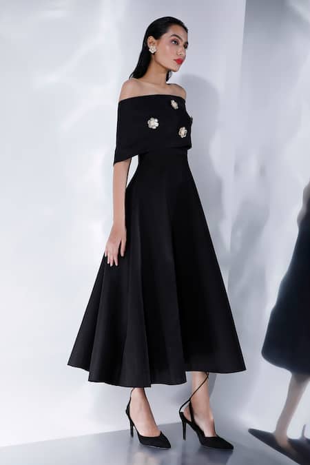 Buy_Ozeqo_Black Neoprene Pearls Off-shoulder Fit And Flared Dress With Floral Cape _Online_at_Aza_Fashions