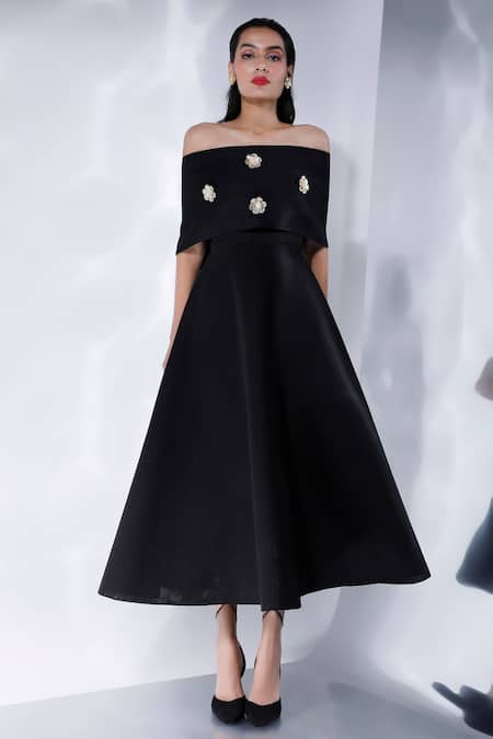 Shop_Ozeqo_Black Neoprene Pearls Off-shoulder Fit And Flared Dress With Floral Cape _Online_at_Aza_Fashions