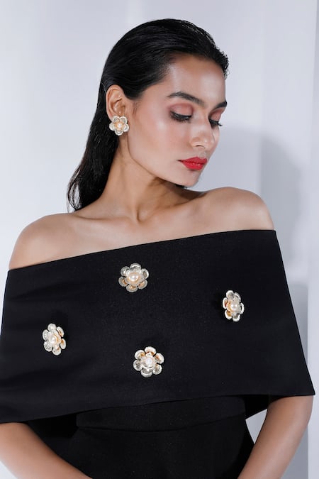 Ozeqo_Black Neoprene Pearls Off-shoulder Fit And Flared Dress With Floral Cape _at_Aza_Fashions