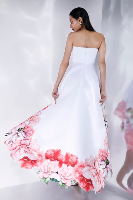 Shop_Ozeqo_White Neoprene Open Neck Floral Print High Low Dress _at_Aza_Fashions