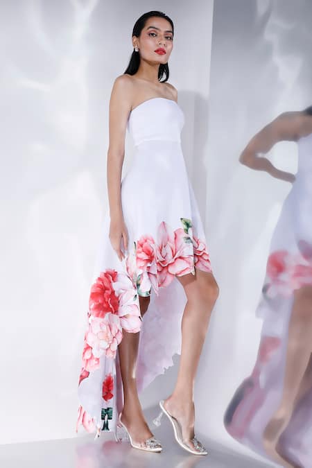 Ozeqo_White Neoprene Open Neck Floral Print High Low Dress _Online_at_Aza_Fashions