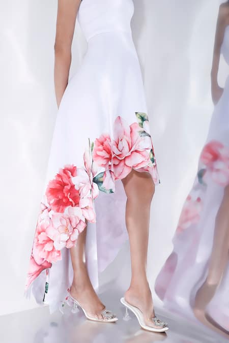 Buy_Ozeqo_White Neoprene Open Neck Floral Print High Low Dress _Online_at_Aza_Fashions