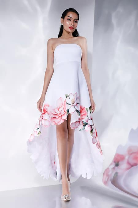 Ozeqo_White Neoprene Embroidery Asymmetric Floral Print High Low Dress With Cape _Online_at_Aza_Fashions