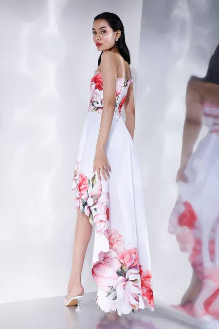 Shop_Ozeqo_White Neoprene Embroidery Asymmetric Floral Print High Low Dress With Cape 