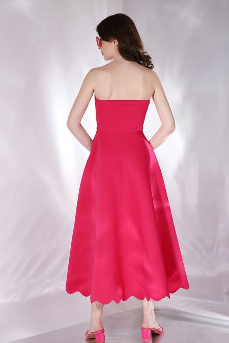 Shop_Ozeqo_Pink Neoprene Bows Asymmetric Fit And Flare Maxi Dress With _at_Aza_Fashions