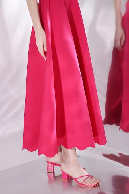 Buy_Ozeqo_Pink Neoprene Bows Asymmetric Fit And Flare Maxi Dress With _Online_at_Aza_Fashions