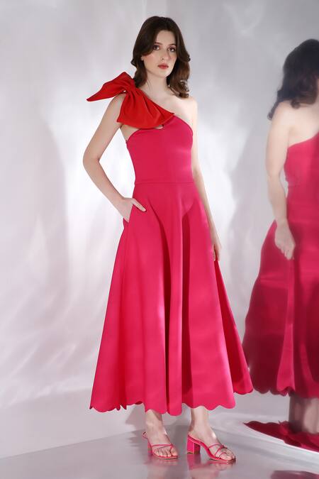 Shop_Ozeqo_Pink Neoprene Bows Asymmetric Fit And Flare Maxi Dress With _Online_at_Aza_Fashions