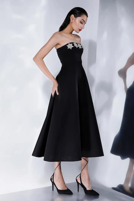 Ozeqo Black Star Crystal Embellished Midi Dress 