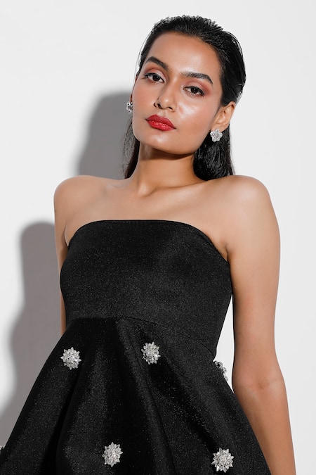 Buy Ozeqo Black Neoprene Crystals, Embroidery Floral Embellished High Low Dress Online at Aza Fashions Buy_Ozeqo_Black Neoprene Crystals, Embroidery Floral Embellished High Low Dress _Online_at_Aza_Fashions