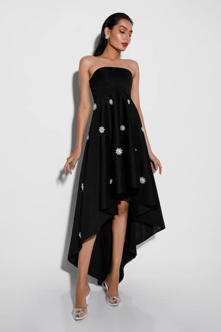 Shop Ozeqo Black Neoprene Crystals, Embroidery Floral Embellished High Low Dress Online at Aza Fashions Shop_Ozeqo_Black Neoprene Crystals, Embroidery Floral Embellished High Low Dress _Online_at_Aza_Fashions