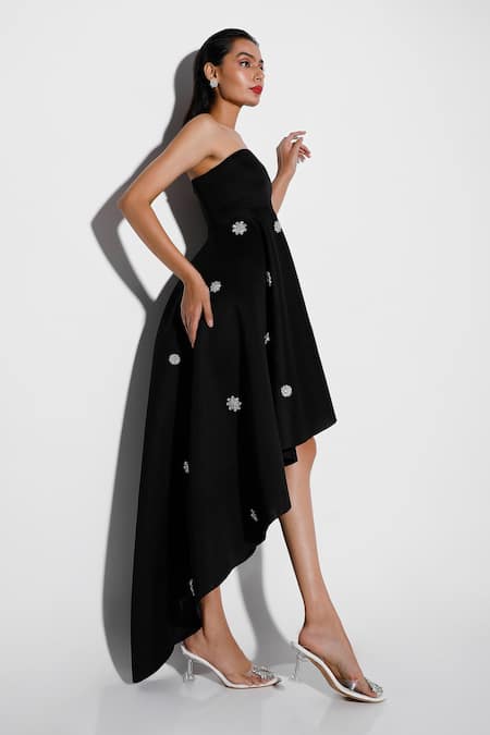 Ozeqo Black Neoprene Crystals, Embroidery Floral Embellished High Low Dress at Aza Fashions Ozeqo_Black Neoprene Crystals, Embroidery Floral Embellished High Low Dress _at_Aza_Fashions