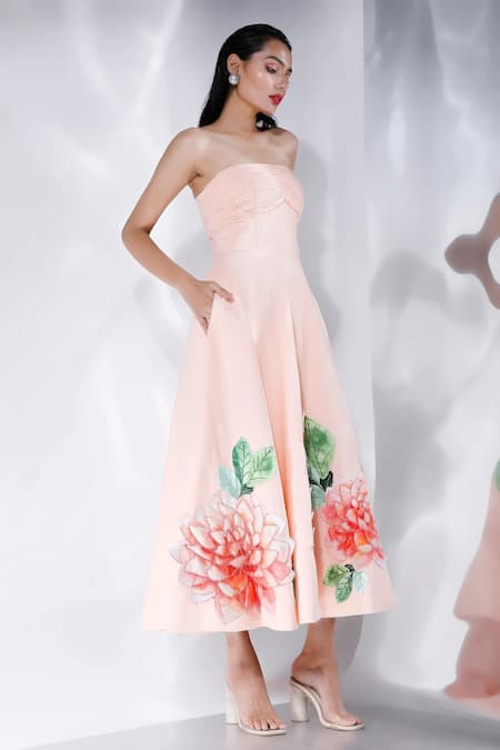 Shop_Ozeqo_Cream Cotton, Linen Sequins, Beads Open Neck Floral Applique Midi Dress _at_Aza_Fashions