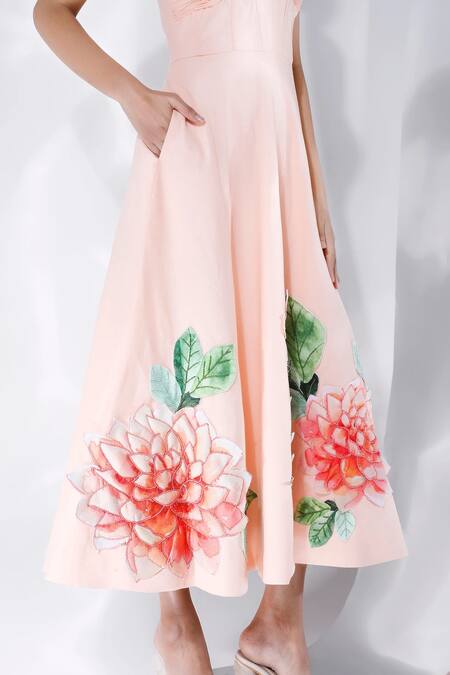 Ozeqo_Cream Cotton, Linen Sequins, Beads Open Neck Floral Applique Midi Dress _Online_at_Aza_Fashions