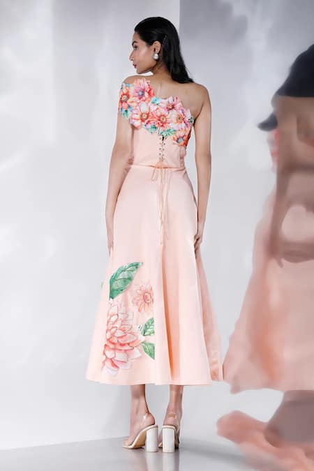 Shop_Ozeqo_Cream Cotton, Linen Sequins, Beads Floral Applique Midi Dress With Cape _at_Aza_Fashions