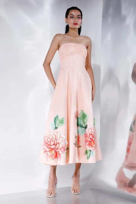 Ozeqo_Cream Cotton, Linen Sequins, Beads Floral Applique Midi Dress With Cape _Online_at_Aza_Fashions