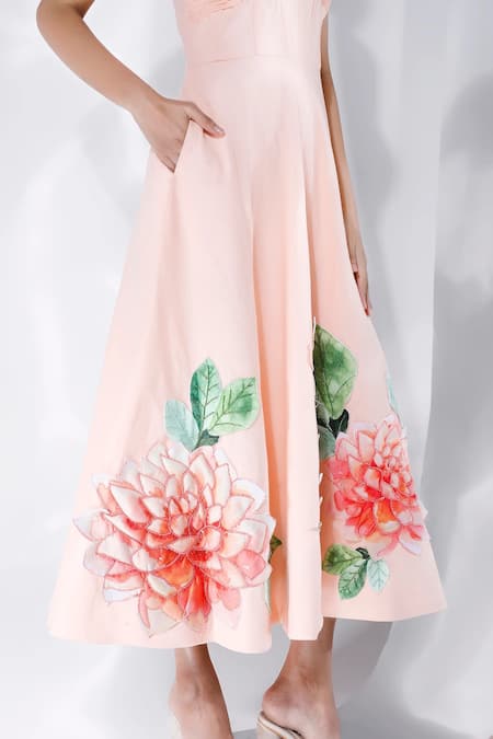 Buy_Ozeqo_Cream Cotton, Linen Sequins, Beads Floral Applique Midi Dress With Cape _Online_at_Aza_Fashions