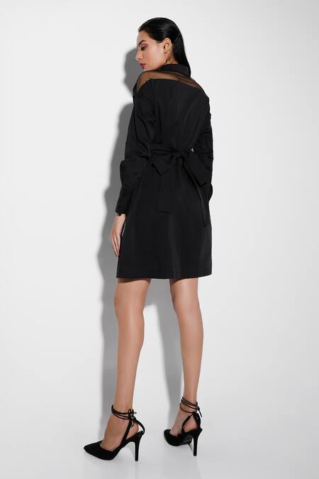 Shop_Ozeqo_Black Cotton Collared Shirt Dress With Mesh Yoke _at_Aza_Fashions