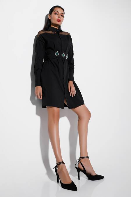 Ozeqo_Black Cotton Collared Shirt Dress With Mesh Yoke _Online_at_Aza_Fashions