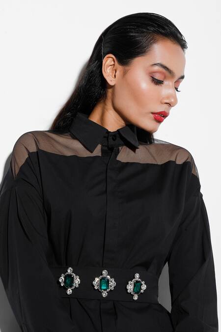 Buy_Ozeqo_Black Cotton Collared Shirt Dress With Mesh Yoke _Online_at_Aza_Fashions