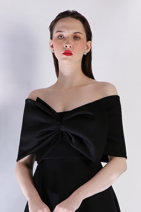Ozeqo_Black Neoprene Bows Off-shoulder Tube Dress With Draped Wrap _Online_at_Aza_Fashions