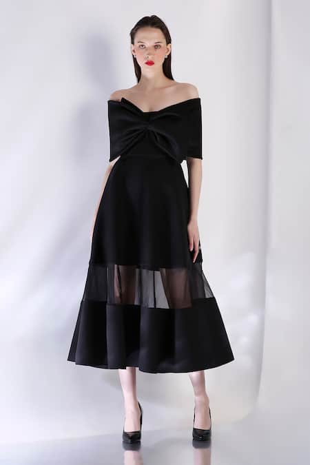 Buy_Ozeqo_Black Neoprene Bows Off-shoulder Tube Dress With Draped Wrap _Online_at_Aza_Fashions