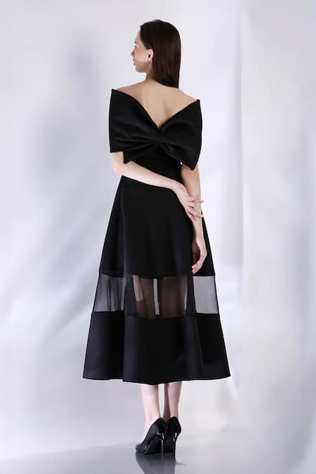 Shop_Ozeqo_Black Neoprene Bows Off-shoulder Tube Dress With Draped Wrap _Online_at_Aza_Fashions